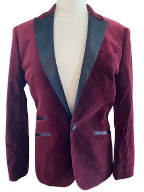 Express Slim Burgundy Velvet Tuxedo Blazer with Black Satin Lapel Size Slim 36S